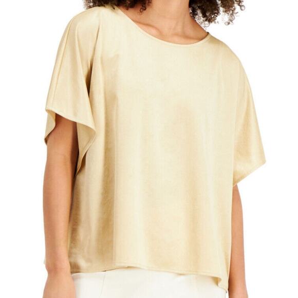 Alfani Elements Medium Top Stretch Draped Sleeves Scoop Neck Raffia Yellow Shiny - Picture 2 of 9